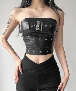 Damen-Bustier aus Kunstleder mit Punk-Schnalle - Gothic Shop