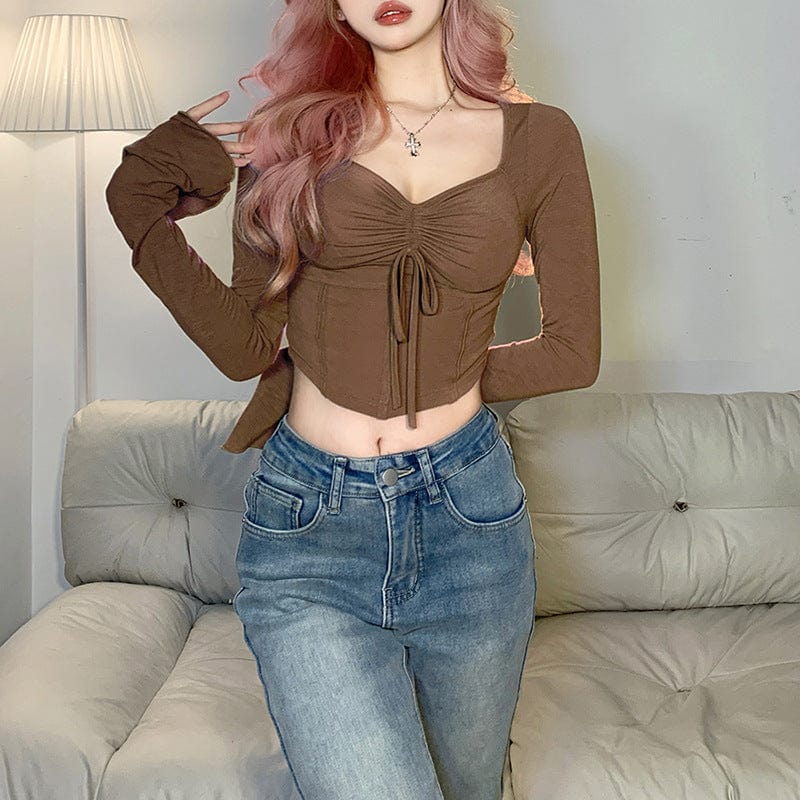 Damen-Crop-Top im Grunge-Stil mit ausgestellten Ärmeln und Kordelzug - Gothic Shop