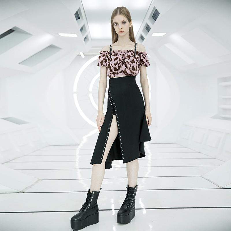 Damen Gothic-Crop-Tops mit U-Boot-Ausschnitt und gerafftem Leopardenmuster - Gothic Shop