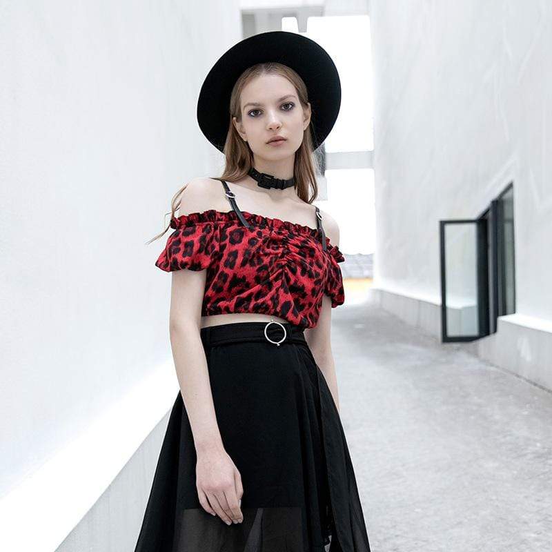 Damen Gothic-Crop-Tops mit U-Boot-Ausschnitt und gerafftem Leopardenmuster - Gothic Shop