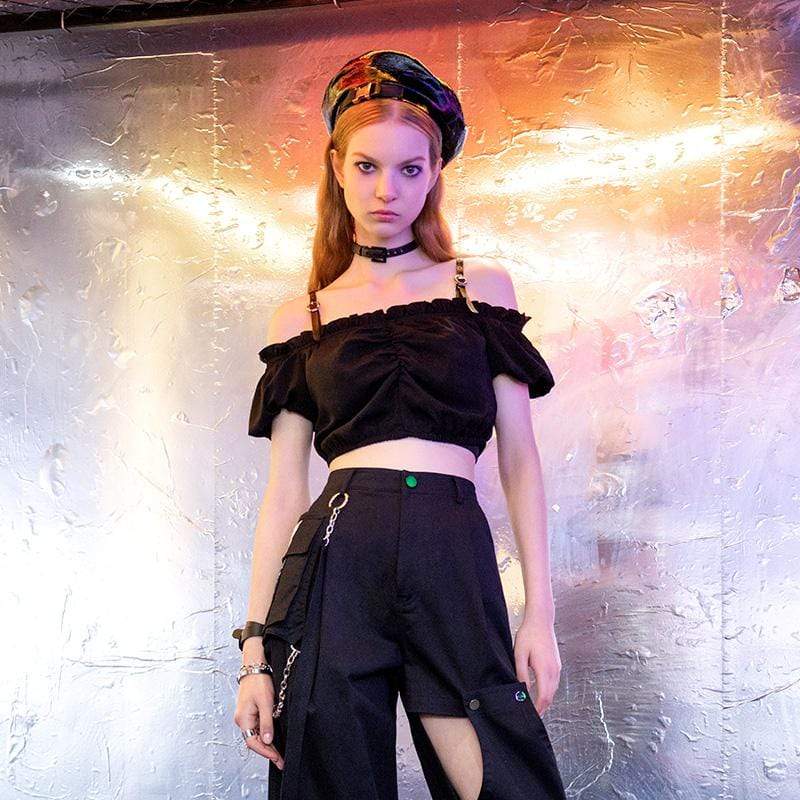 Damen Gothic-Crop-Tops mit U-Boot-Ausschnitt und gerafftem Leopardenmuster - Gothic Shop