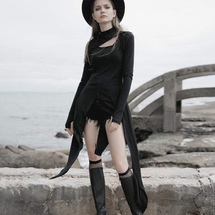 Damen Gothic-Kleider mit Stehkragen und Ausschnitt und unregelmäßigem Schinken - Gothic Shop