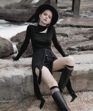 Damen Gothic-Kleider mit Stehkragen und Ausschnitt und unregelmäßigem Schinken - Gothic Shop