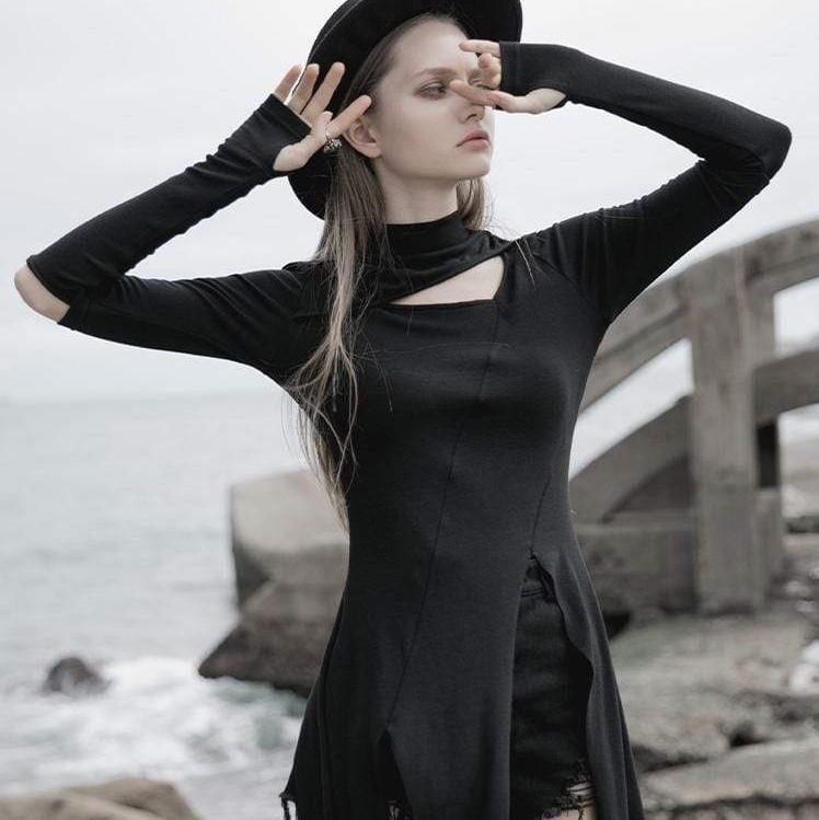 Damen Gothic-Kleider mit Stehkragen und Ausschnitt und unregelmäßigem Schinken - Gothic Shop