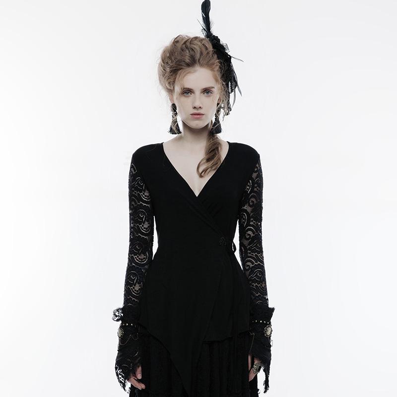 Damen Gothic-Langarm-T-Shirt mit floralen Spitzenärmeln, asymmetrischem Saum, Schwarz - Gothic Shop