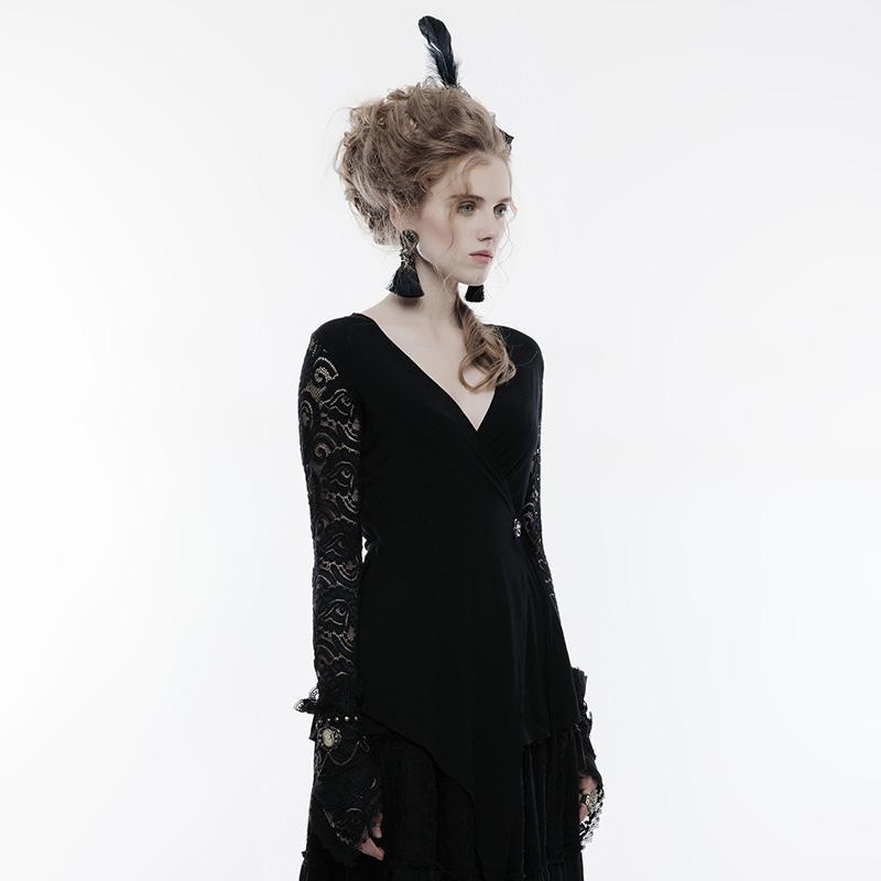 Damen Gothic-Langarm-T-Shirt mit floralen Spitzenärmeln, asymmetrischem Saum, Schwarz - Gothic Shop