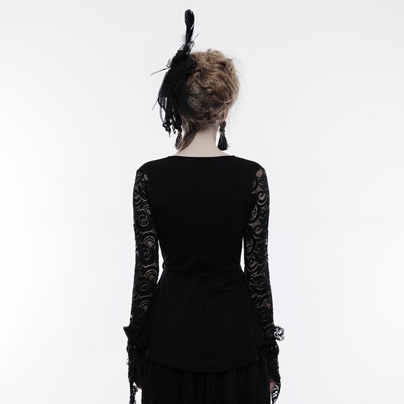 Damen Gothic-Langarm-T-Shirt mit floralen Spitzenärmeln, asymmetrischem Saum, Schwarz - Gothic Shop