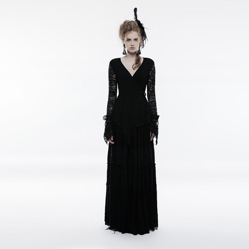 Damen Gothic-Langarm-T-Shirt mit floralen Spitzenärmeln, asymmetrischem Saum, Schwarz - Gothic Shop