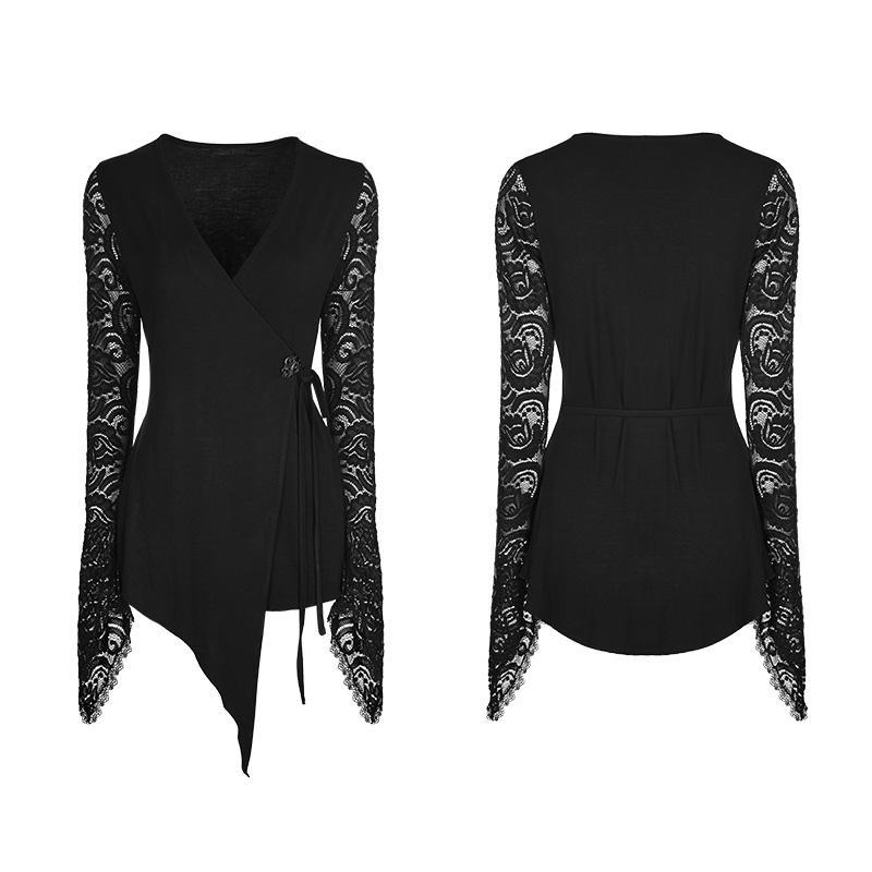 Damen Gothic-Langarm-T-Shirt mit floralen Spitzenärmeln, asymmetrischem Saum, Schwarz - Gothic Shop