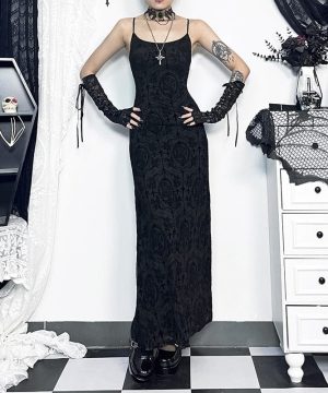 Damen Gothic-Schulterträger, schmal geschnittenes, langes Slip-Kleid - Gothic Shop