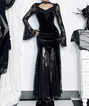 Damen Gothic-Splice-Splice-Fishtail-Kleid mit Schlitz - Gothic Shop