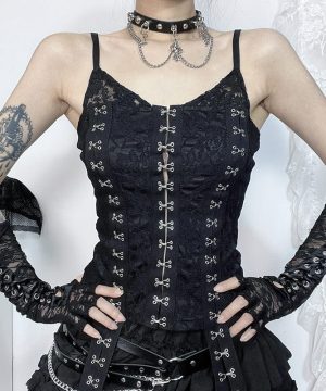 Damen Gothic-Tanktop mit Haken und Spitzenspleiß - Gothic Shop