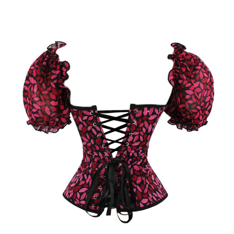 Damen Gothic-Vollbrustkorsett mit Puffärmeln und Lippen-Print - Gothic Shop