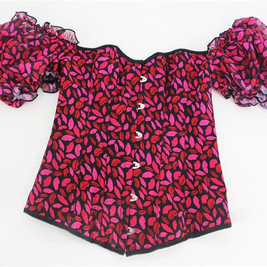 Damen Gothic-Vollbrustkorsett mit Puffärmeln und Lippen-Print - Gothic Shop