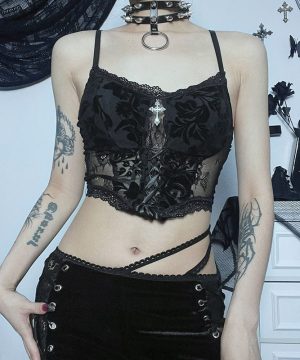 Damen Gothic Cross Lace Bustier - Gothic Shop