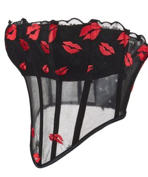 Damen Gothic Lippenbedrucktes Mesh-Vollbrustkorsett - Gothic Shop