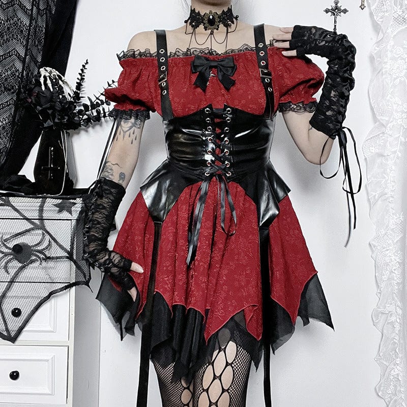 Damen Gothic Off Shoulder Puffärmel mehrlagiges kurzes Kleid - Gothic Shop