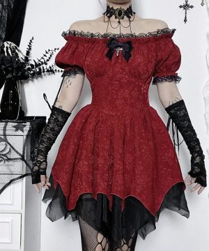 Damen Gothic Off Shoulder Puffärmel mehrlagiges kurzes Kleid - Gothic Shop
