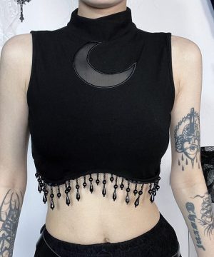 Damen Gothic Stehkragen Perlen Crop Top - Gothic Shop