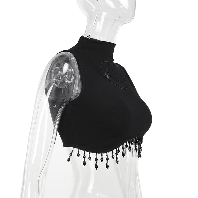 Damen Gothic Stehkragen Perlen Crop Top - Gothic Shop