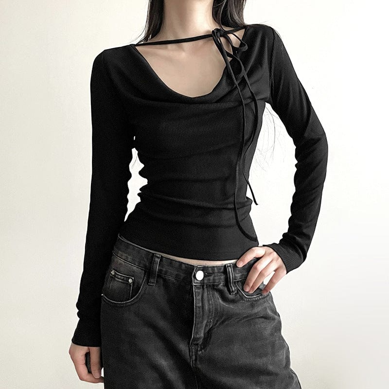 Damen Punk-Langarmshirt mit V-Ausschnitt und Schnürung - Gothic Shop