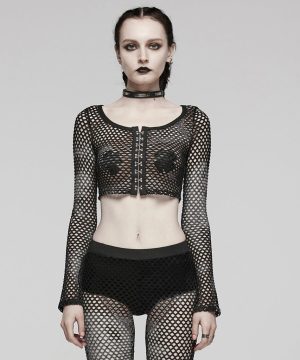 Damen Punk-Mesh-Batik-Crop-Top mit langen Ärmeln in Schwarz - Gothic Shop