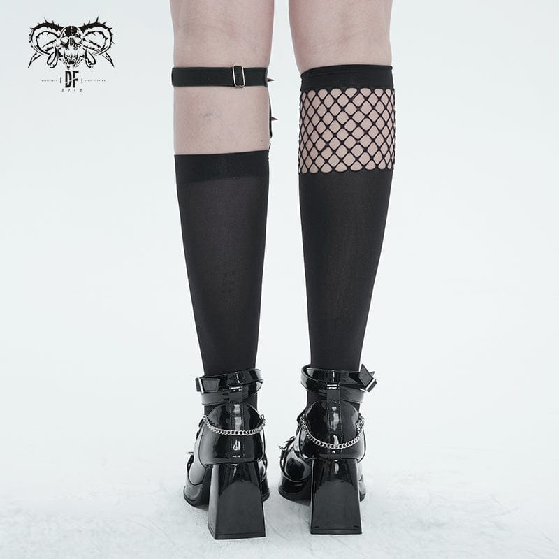 Damen Punk Asymmetrische Mesh Splice Socken mit Strumpfband - Gothic Shop