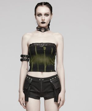 Damen Punk Buckle Eyelet Bustier Schwarz-Grün - Gothic Shop