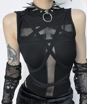 Damen Punk Cross Mesh Splice Strap Tank Top - Gothic Shop