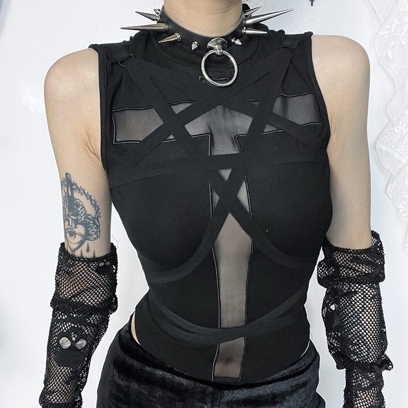 Damen Punk Cross Mesh Splice Strap Tank Top - Gothic Shop