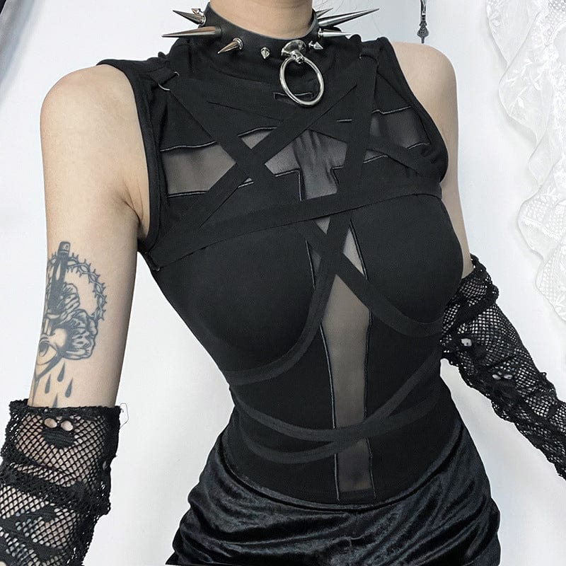 Damen Punk Cross Mesh Splice Strap Tank Top - Gothic Shop