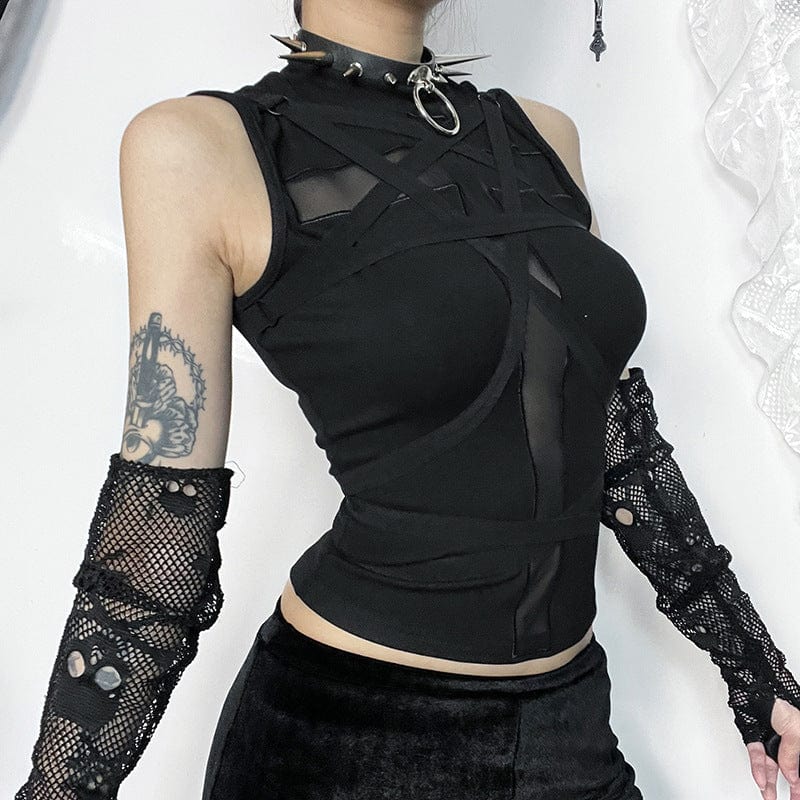 Damen Punk Cross Mesh Splice Strap Tank Top - Gothic Shop