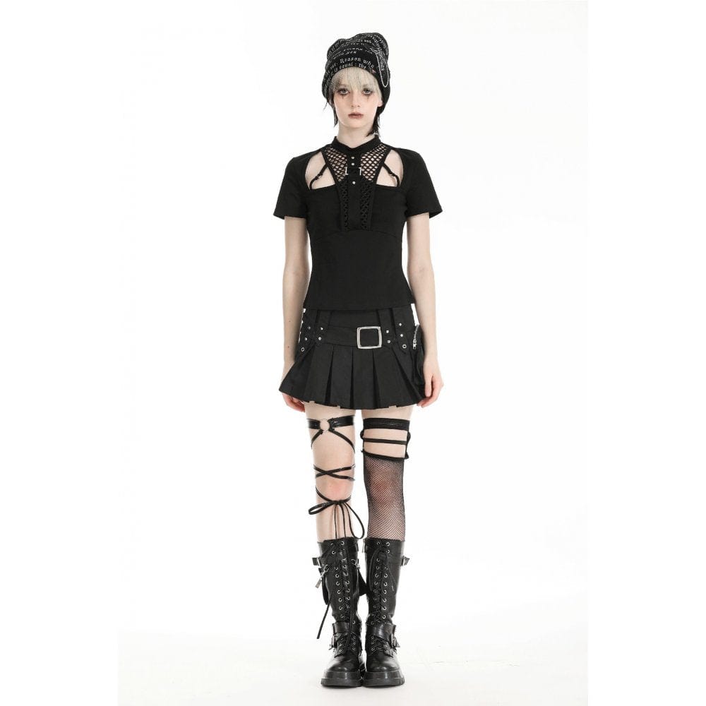Damen Punk Cutout Mesh Splice Crop Top - Gothic Shop