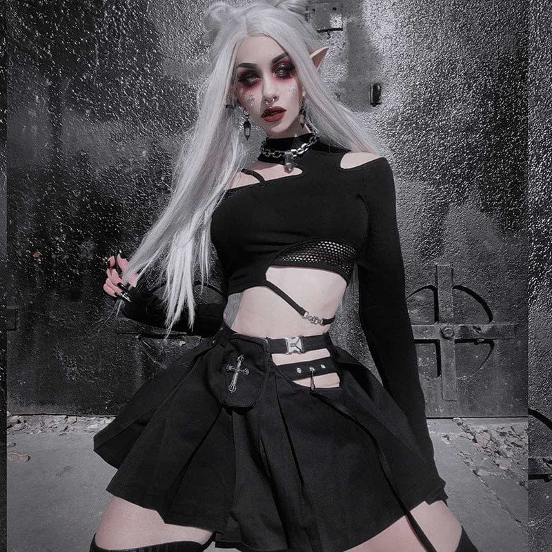 Damen Punk Cutout Mesh Splice Crop Top - Gothic Shop