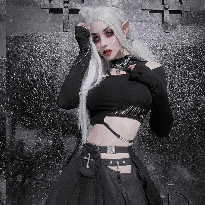 Damen Punk Cutout Mesh Splice Crop Top - Gothic Shop