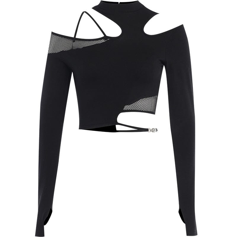 Damen Punk Cutout Mesh Splice Crop Top - Gothic Shop