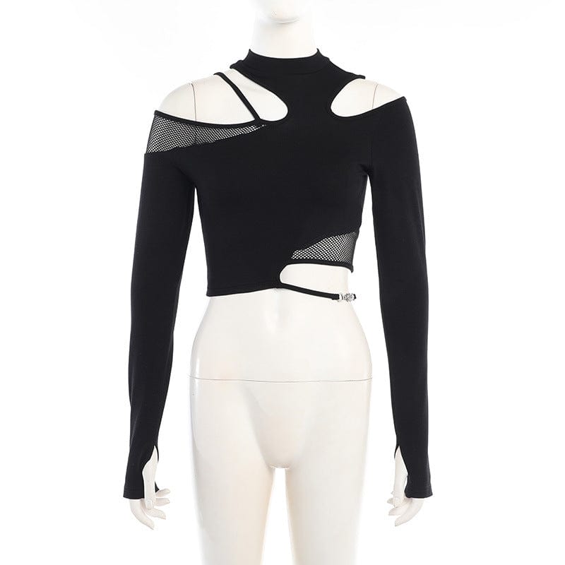 Damen Punk Cutout Mesh Splice Crop Top - Gothic Shop