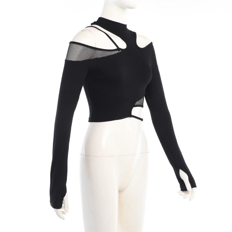 Damen Punk Cutout Mesh Splice Crop Top - Gothic Shop