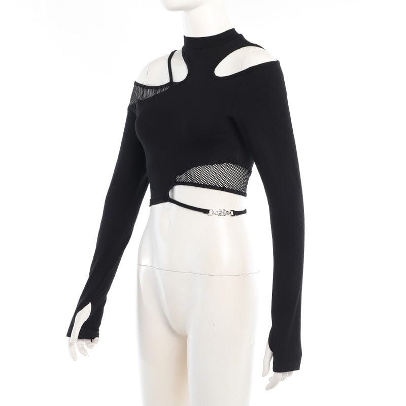 Damen Punk Cutout Mesh Splice Crop Top - Gothic Shop