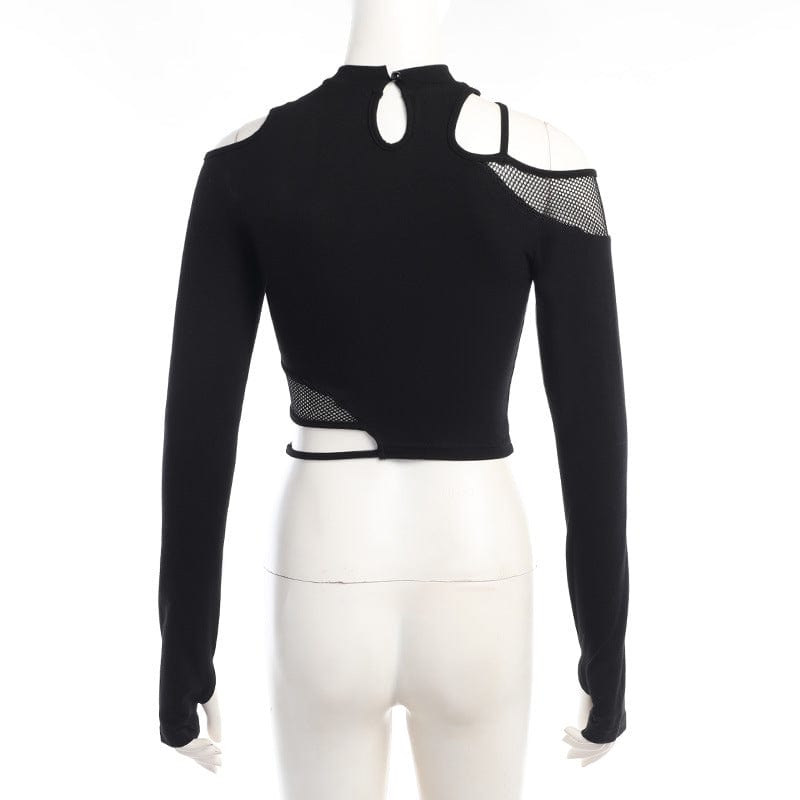 Damen Punk Cutout Mesh Splice Crop Top - Gothic Shop