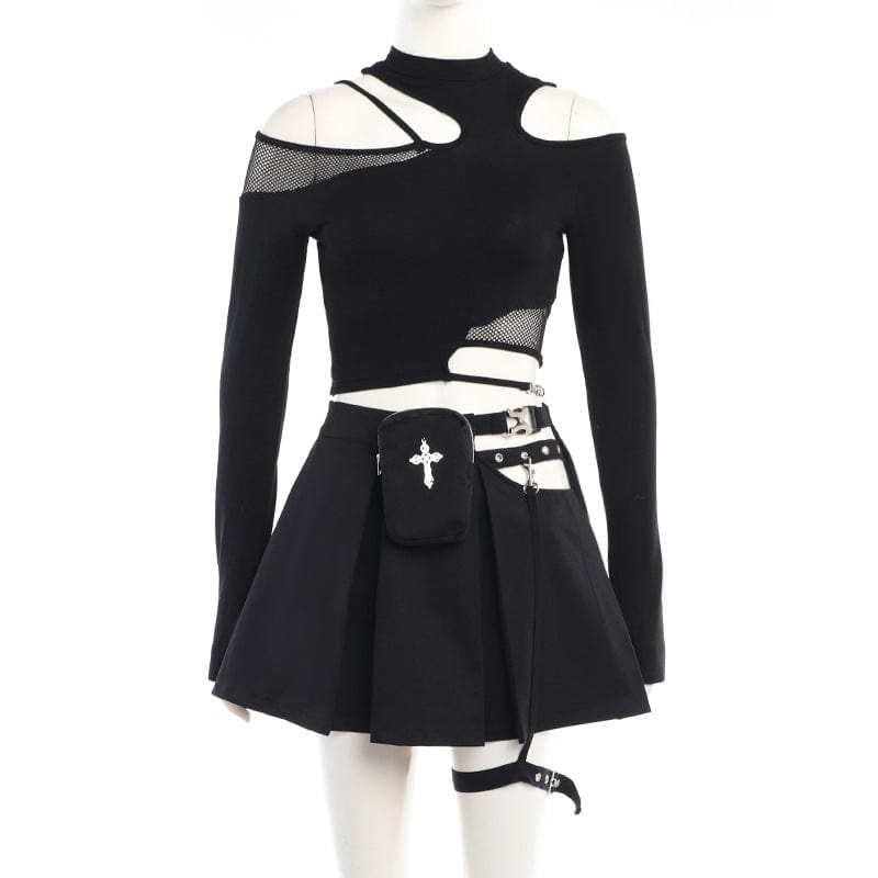 Damen Punk Cutout Mesh Splice Crop Top - Gothic Shop
