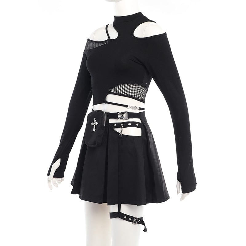 Damen Punk Cutout Mesh Splice Crop Top - Gothic Shop