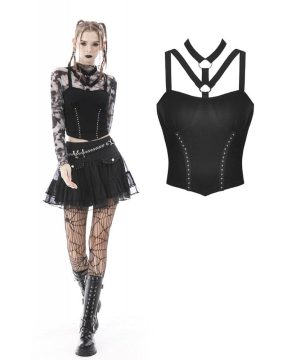 Damen Punk Elastic Tape Mesh Splice Tank Top - Gothic Shop