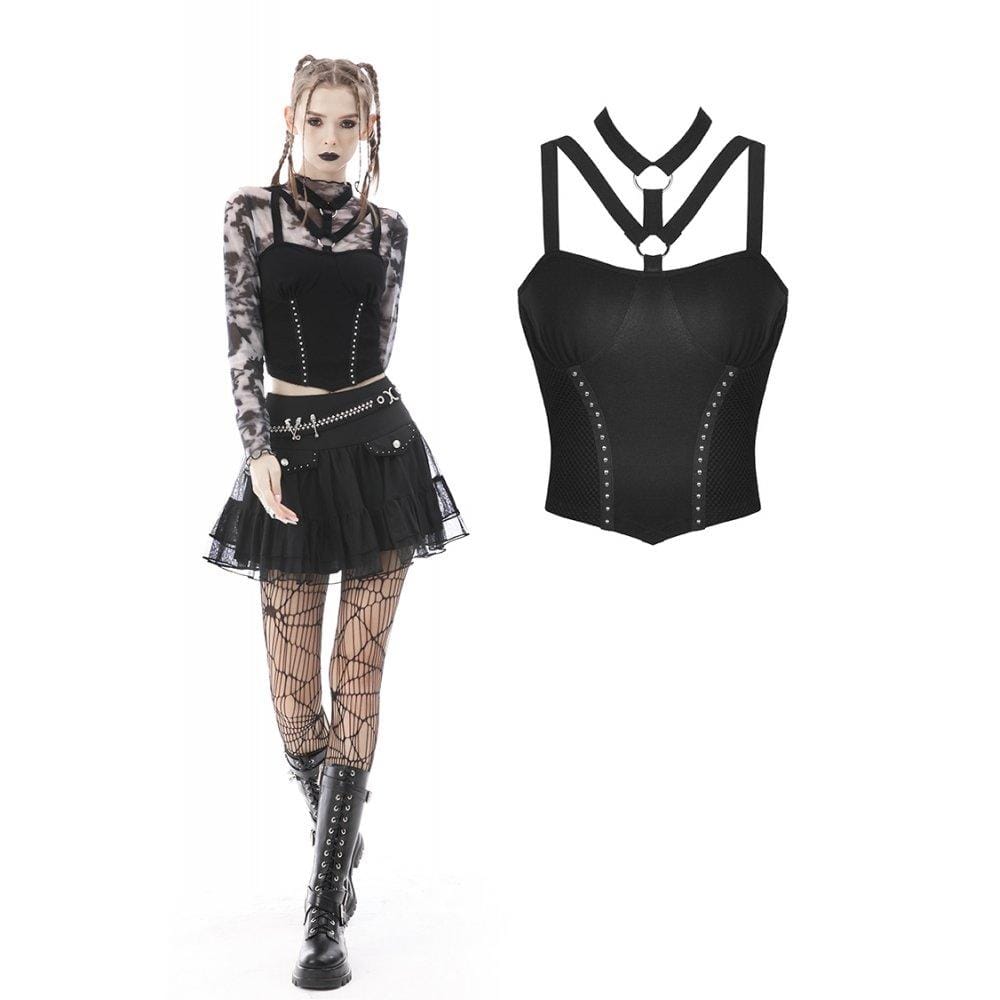 Damen Punk Elastic Tape Mesh Splice Tank Top - Gothic Shop