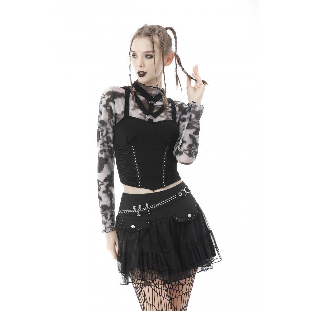 Damen Punk Elastic Tape Mesh Splice Tank Top - Gothic Shop