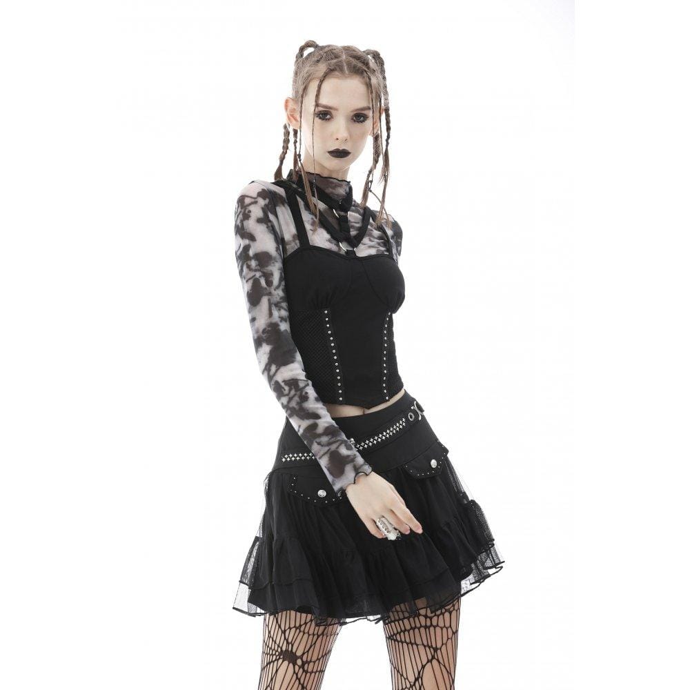 Damen Punk Elastic Tape Mesh Splice Tank Top - Gothic Shop