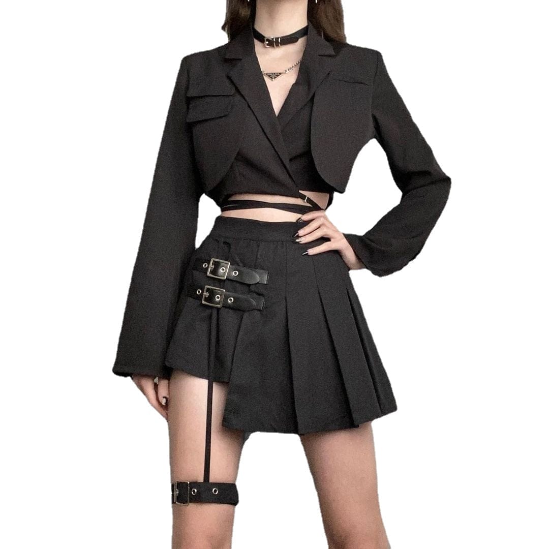 Damen Punk JK Schwarzer Faltenrock mit hoher Taille und Beinring - Gothic Shop