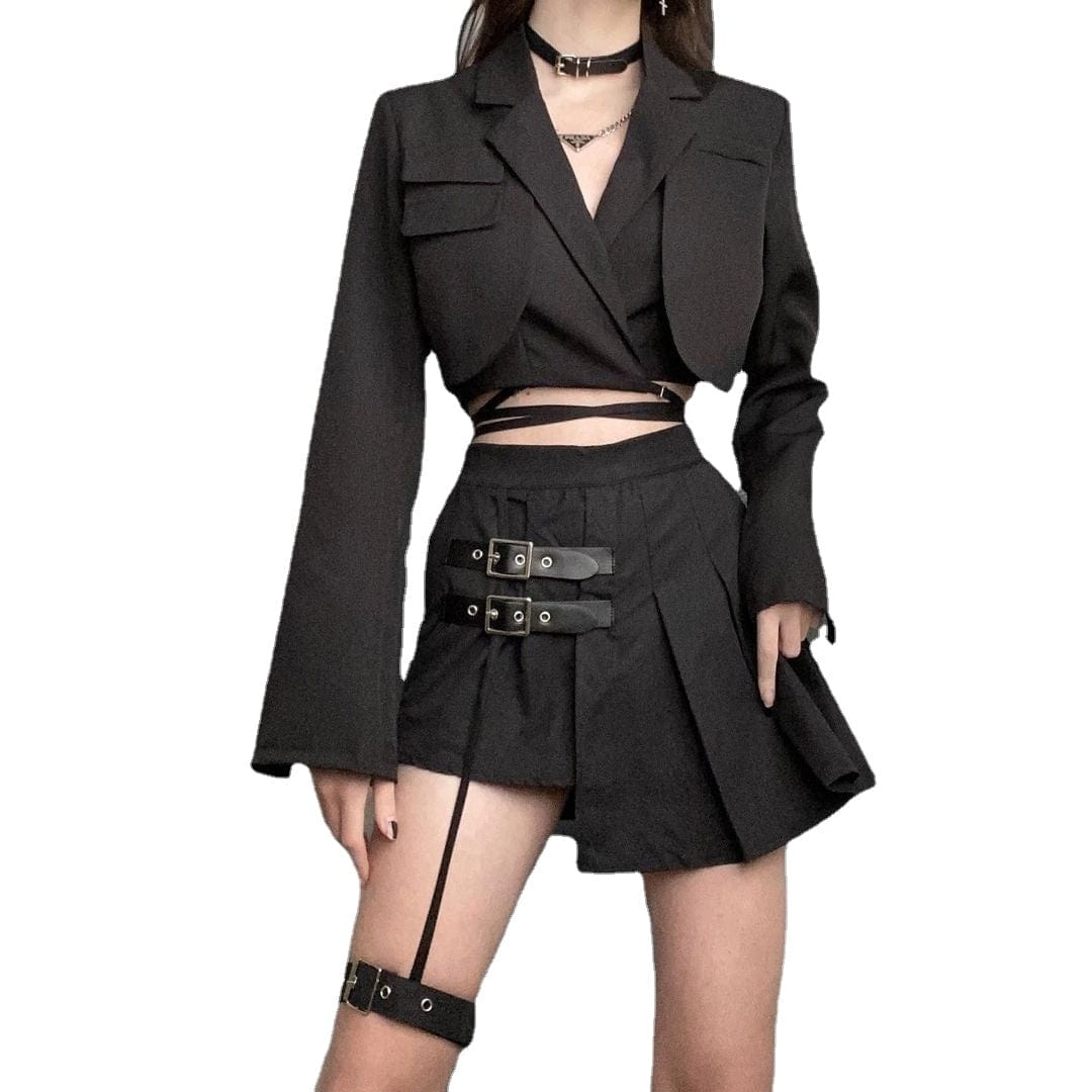 Damen Punk JK Schwarzer Faltenrock mit hoher Taille und Beinring - Gothic Shop