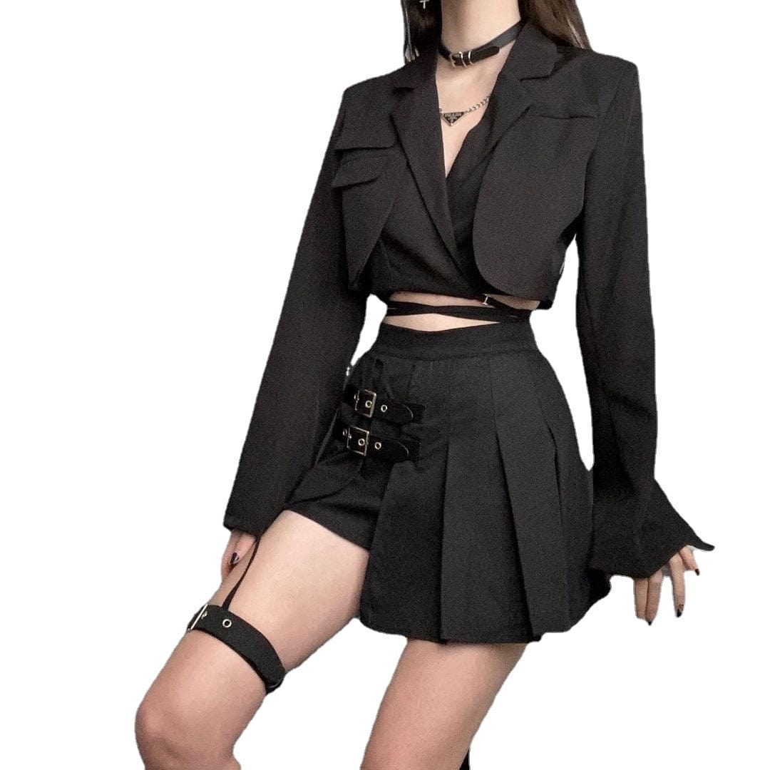Damen Punk JK Schwarzer Faltenrock mit hoher Taille und Beinring - Gothic Shop