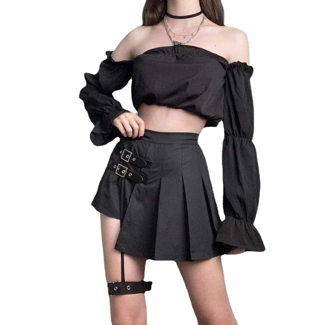 Damen Punk JK Schwarzer Faltenrock mit hoher Taille und Beinring - Gothic Shop
